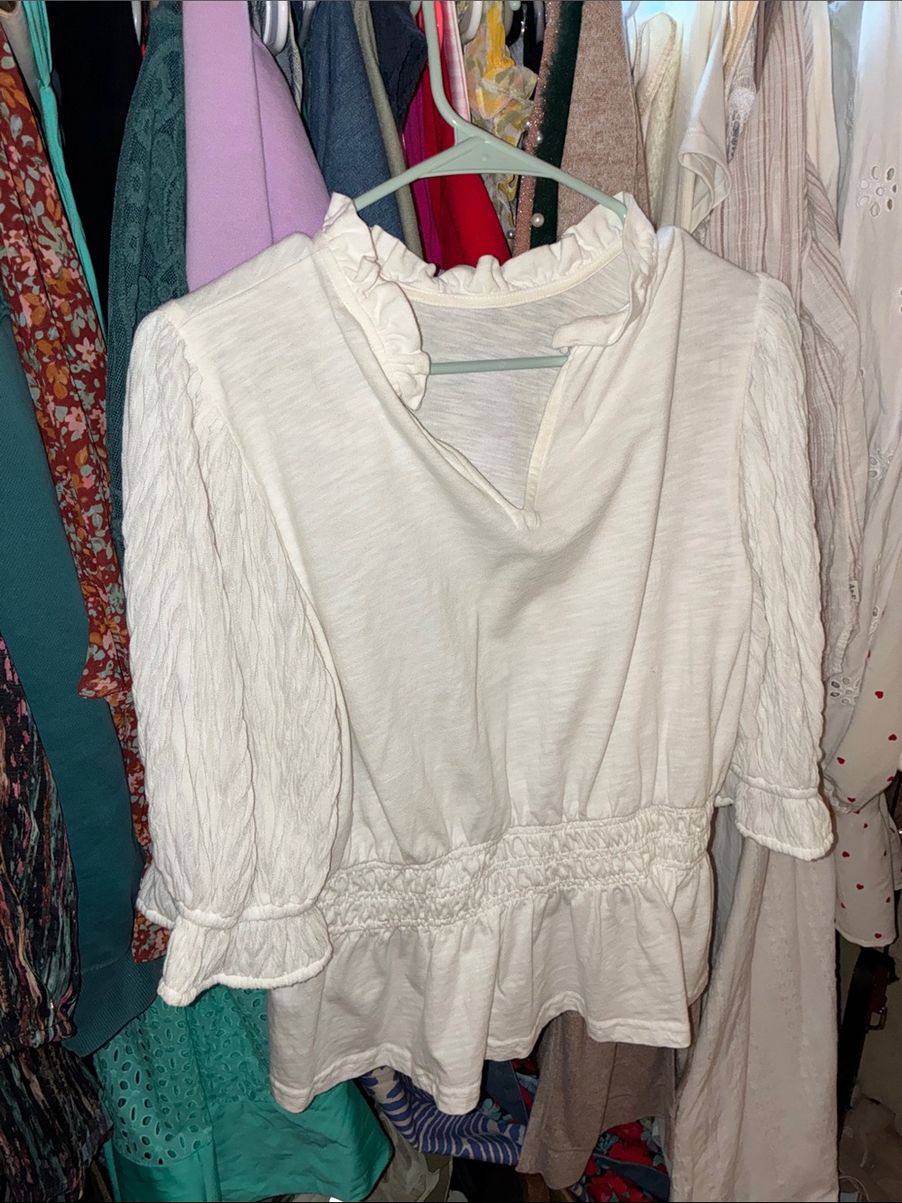 THML Cream Ruffle-Neck Peplum Blouse